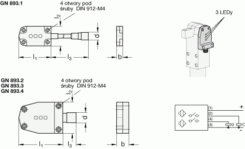 Wyłączniki zbliżeniowe GN893.1 GN893.2 GN893.3 GN893.4 - rysunek techniczny