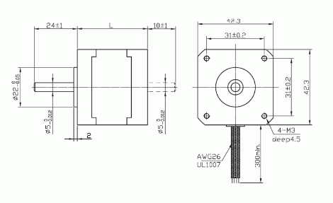 Silnik krokowy SM 42/38-1684A - 0.33Nm - rysunek techniczny