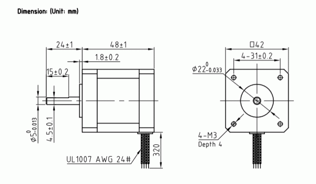 Silnik krokowy 42HS05A - 0.5Nm LEADSHINE - rysunek techniczny