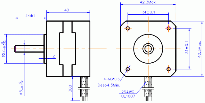Silnik krokowy SM 42/38-0804A - 0.26Nm - rysunek techniczny